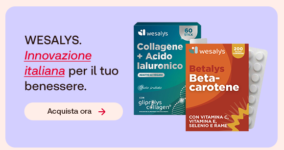 &ldquo;Prodotti Wesalys Collagene + Acido Ialuronico e Betalys Beta-Carotene su sfondo lilla. Testo: &lsquo;WESALYS. Innovazione italiana per il tuo benessere&rsquo; con pulsante &lsquo;Acquista ora&rsquo;.&rdquo;
