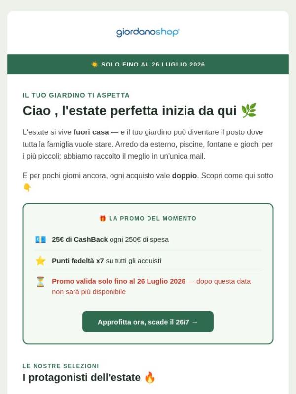 ⏳ Solo fino al 26/7: 25€ di CashBack su tutto