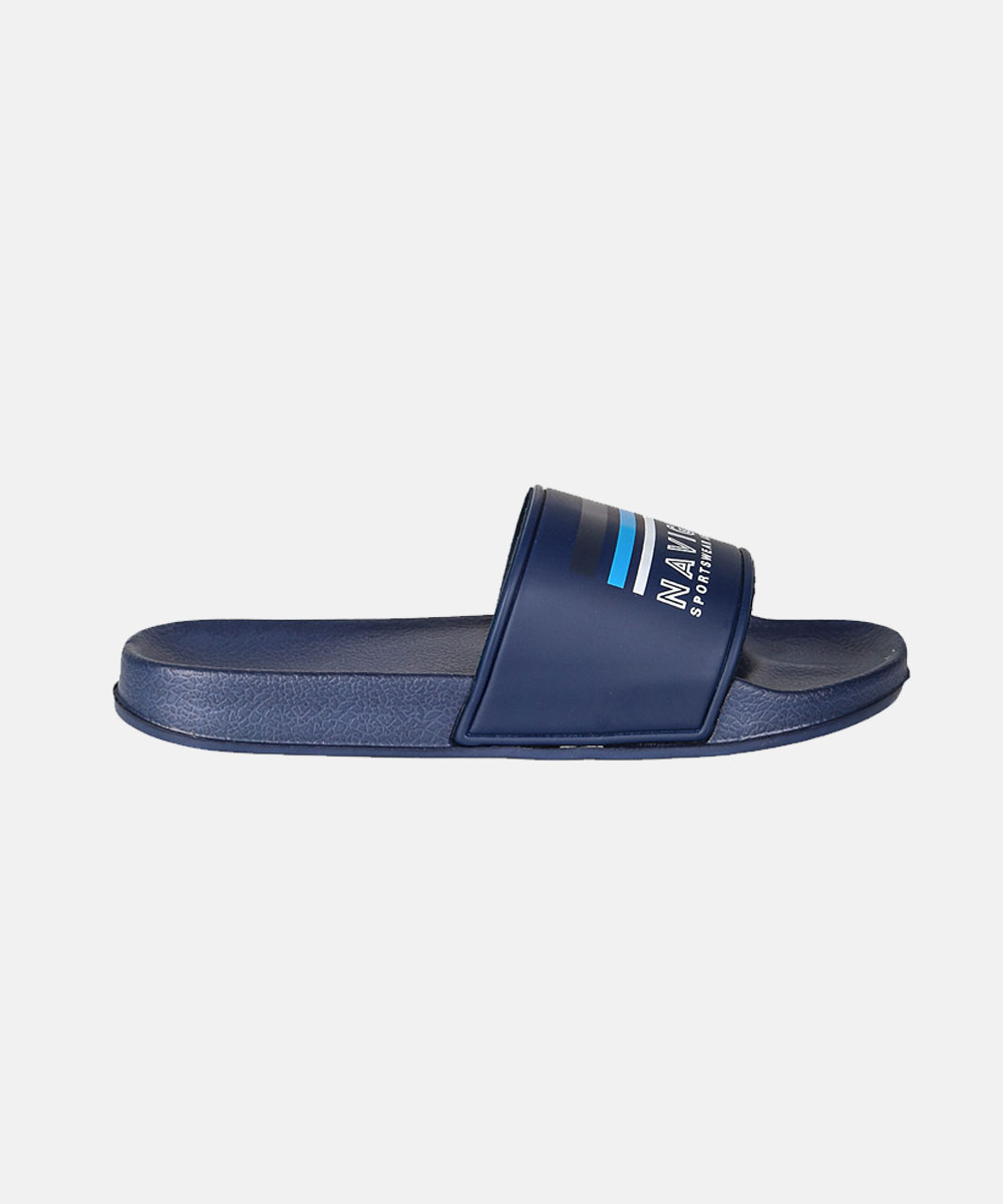 Navy blue rubber slide sandal with cushioned footbed and blue-striped strap on plain white background