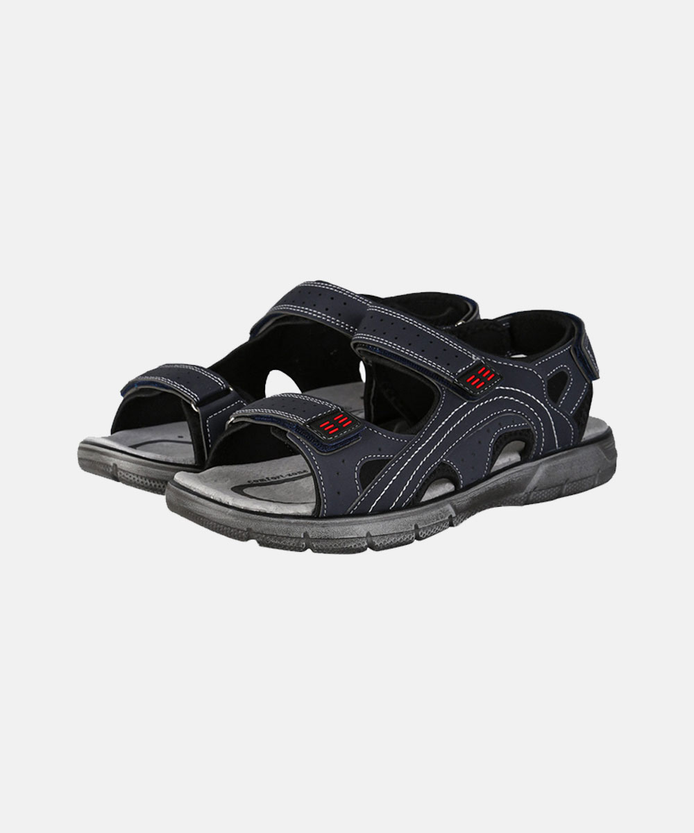 Men's navy-black outdoor sports sandals with three adjustable Velcro straps, cushioned grey footbed and textured rubber sole