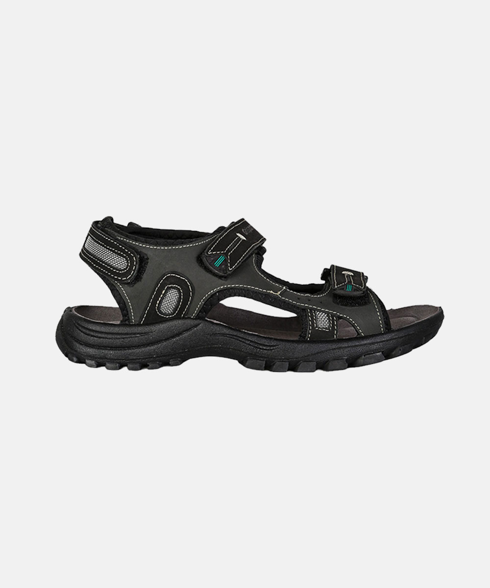Black men's outdoor walking sandal with adjustable Velcro straps, cushioned footbed and rugged rubber tread, side view