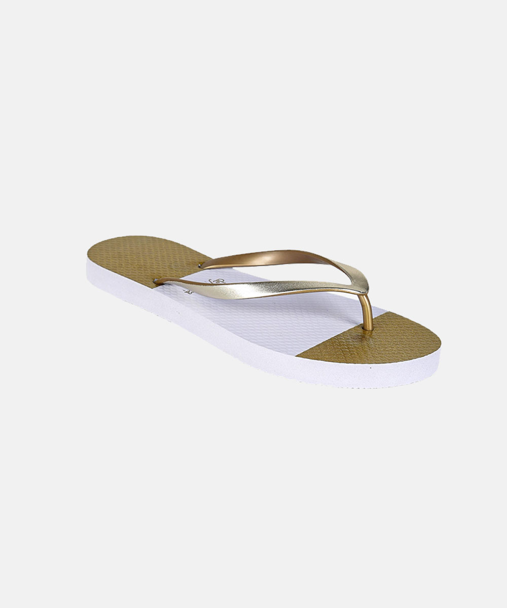 White and gold women's flip‑flop sandal with textured footbed and slim metallic straps, angled studio product shot