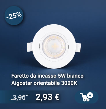 White 5W recessed adjustable LED downlight Aigostar 3000K on blue background with -25% badge and discounted price €2.93