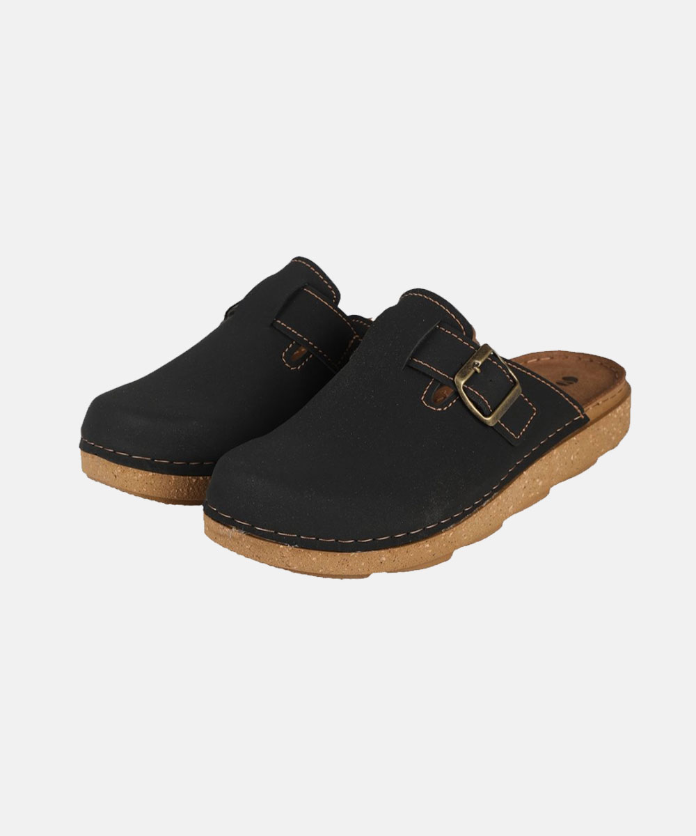Pair of women's black suede slip-on clogs with cork sole and adjustable brass buckle