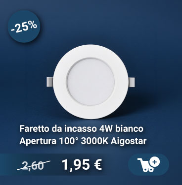 White 4W recessed LED downlight by Aigostar, 3000K warm white, 100° beam angle, front view with -25% sale badge