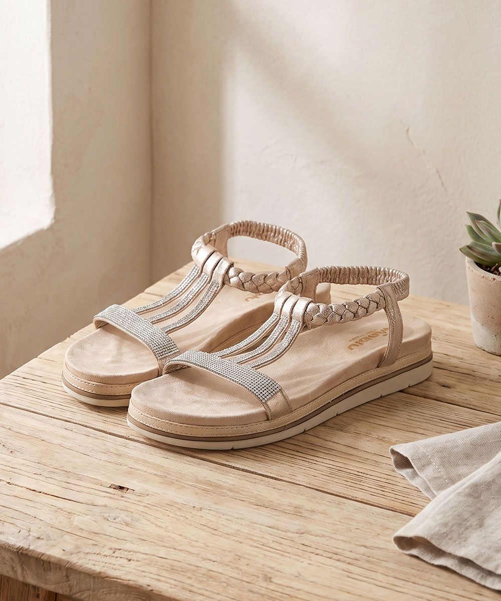 Beige women's sandals with braided ankle straps and rhinestone T-strap, displayed on a wooden table beside a small succulent