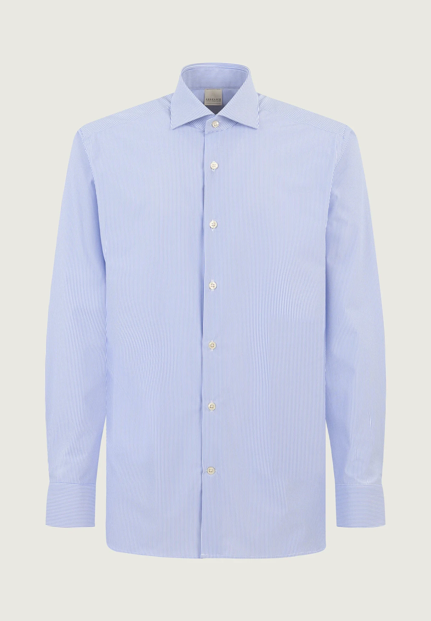 Image of Camicia azzurra bianca rigata tessuto performance custom fit
