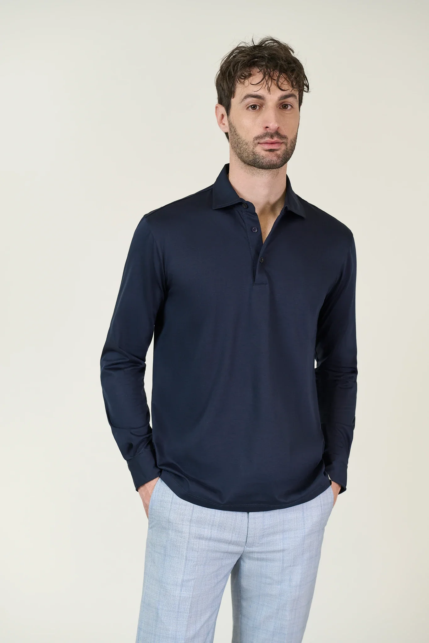 Image of Polo camicia blu jersey