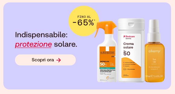 “Prodotti per la protezione solare, tra cui La Roche-Posay Anthelios, Redcare Crema Solare SPF 50 e Alkemy Sun Oil, con offerta fino al -65%. Testo: ‘Indispensabile: protezione solare’ e pulsante ‘Scopri ora’.” “Prodotti per la protezione solare, tra cui La Roche-Posay Anthelios, Redcare Crema Solare SPF 50 e Alkemy Sun Oil, con offerta fino al -65%. Testo: ‘Indispensabile: protezione solare’ e pulsante ‘Scopri ora’.”