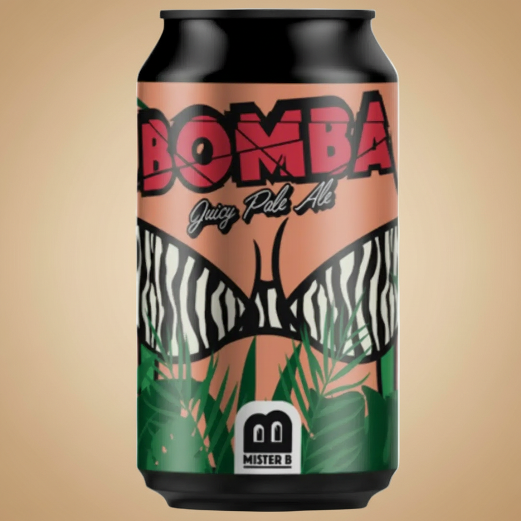 A beer can with "BOMBA Juicy Pale Ale" and a zebra-print bikini design.