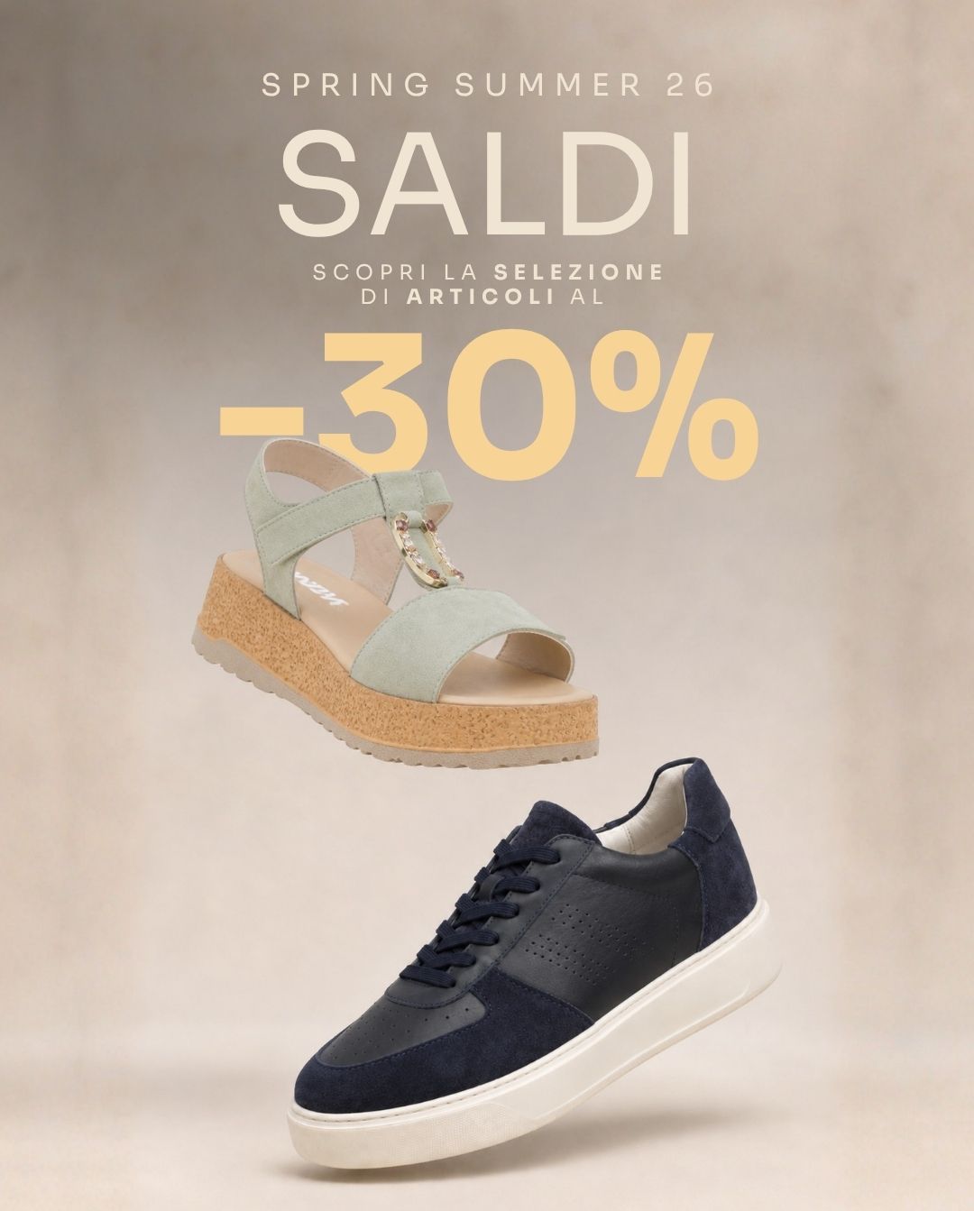 Spring Summer '26 sale -30% off: light green cork-platform sandal and navy leather sneaker on beige background
