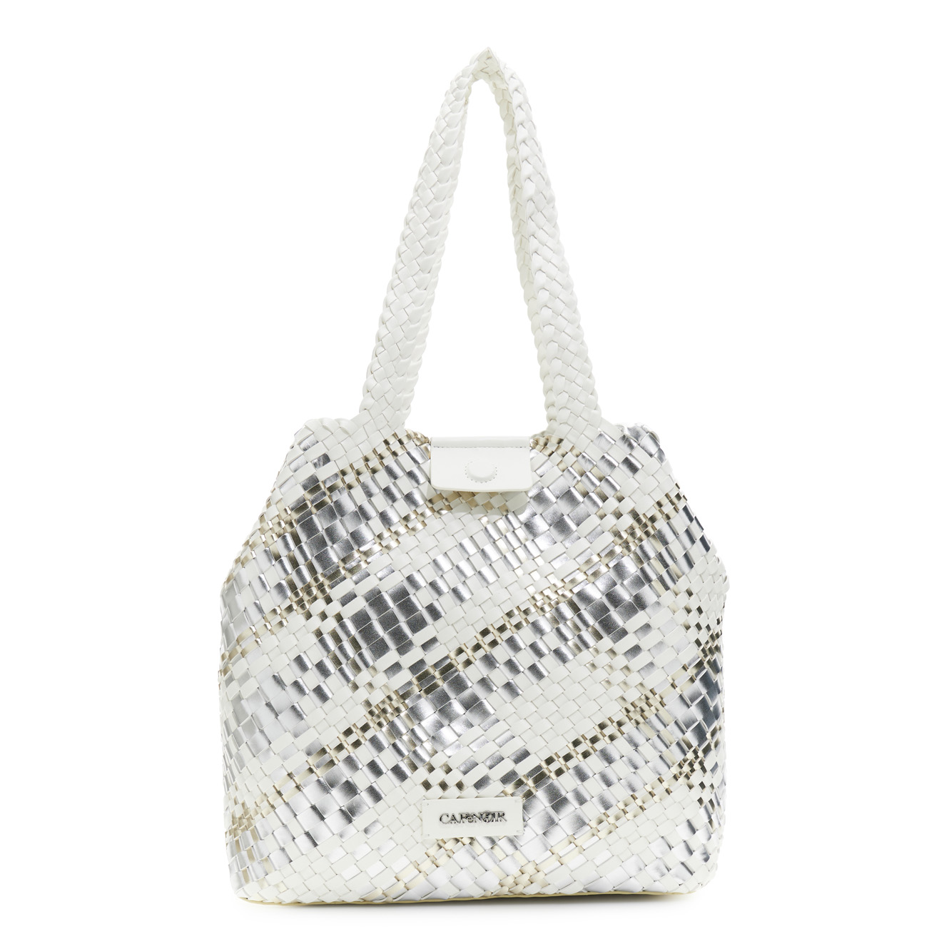 Image of shopping bag reversibile intrecciata in materiale metallizzato multicolor argento/bianco