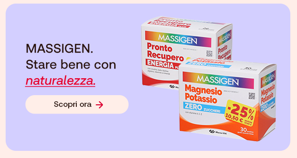 “Prodotti Massigen per il benessere e l’energia su sfondo lilla. Testo: ‘Massigen. Stare bene con naturalezza’ con pulsante ‘Scopri ora’.” “Prodotti Massigen per il benessere e l’energia su sfondo lilla. Testo: ‘Massigen. Stare bene con naturalezza’ con pulsante ‘Scopri ora’.”
