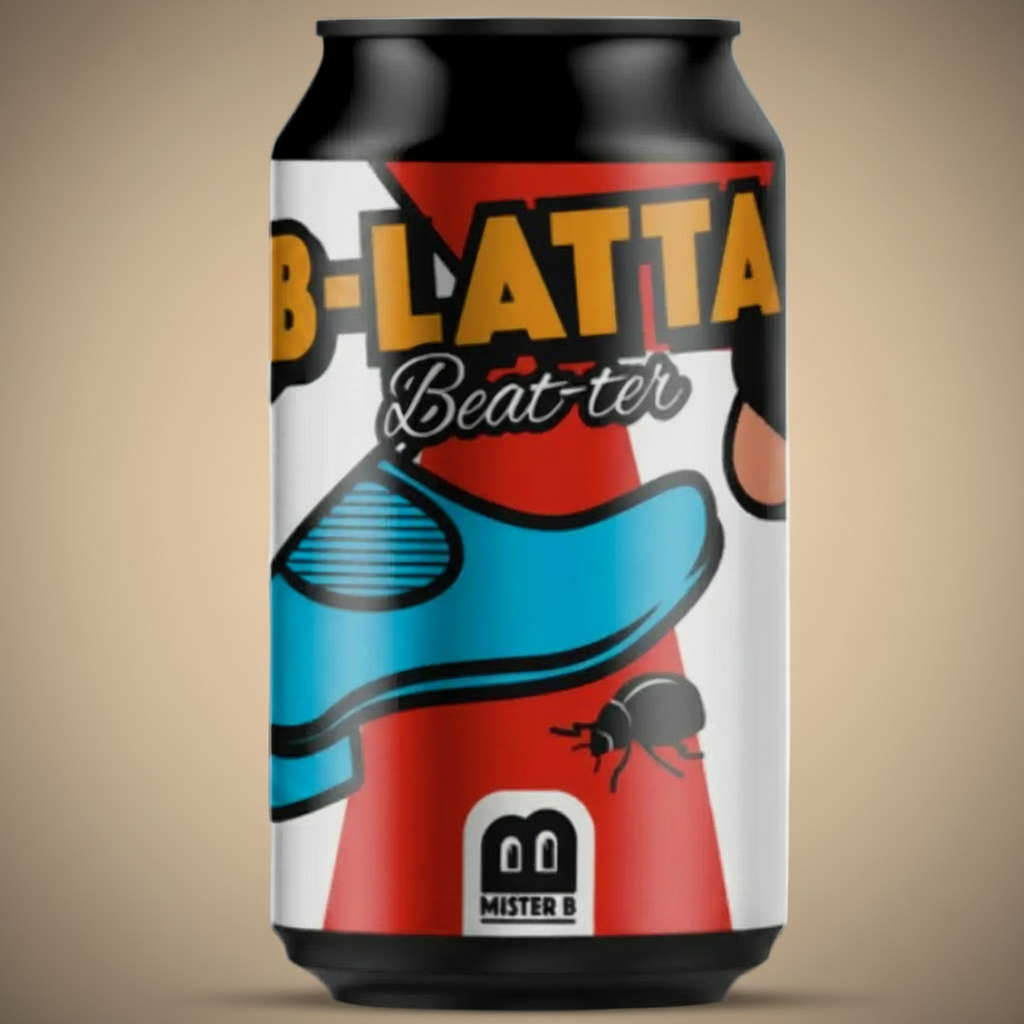 A can of "B-LATTA Beat-ter" with a shoe and a beetle graphic.