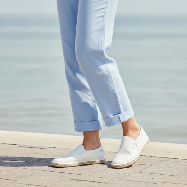 Cropped light-blue rolled trousers and white leather slip-on espadrille shoes on a seaside promenade, casual summer outfit