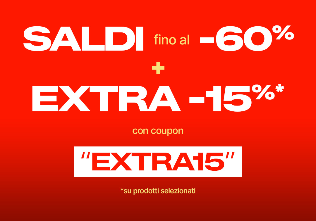 Red sale banner: 'Sale up to 60% off' plus 'Extra 15% off' with coupon code EXTRA15 on selected products