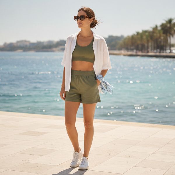 Woman in olive sports bra and shorts with white shirt and sunglasses walking on sunny waterfront promenade
