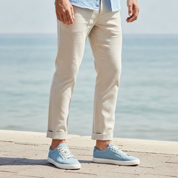 Lower half of a man standing by the sea wearing rolled beige chinos and light blue canvas trainers on a paved promenade