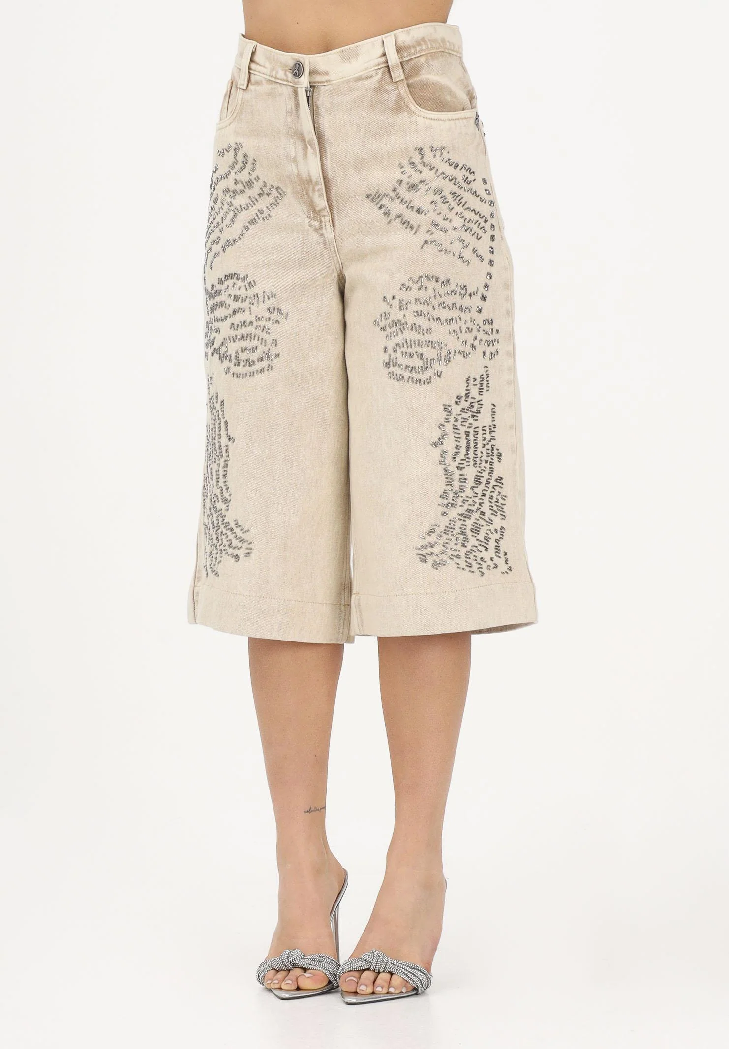 Image of PATRIZIA PEPE Bermuda in denim beige da donna con strass