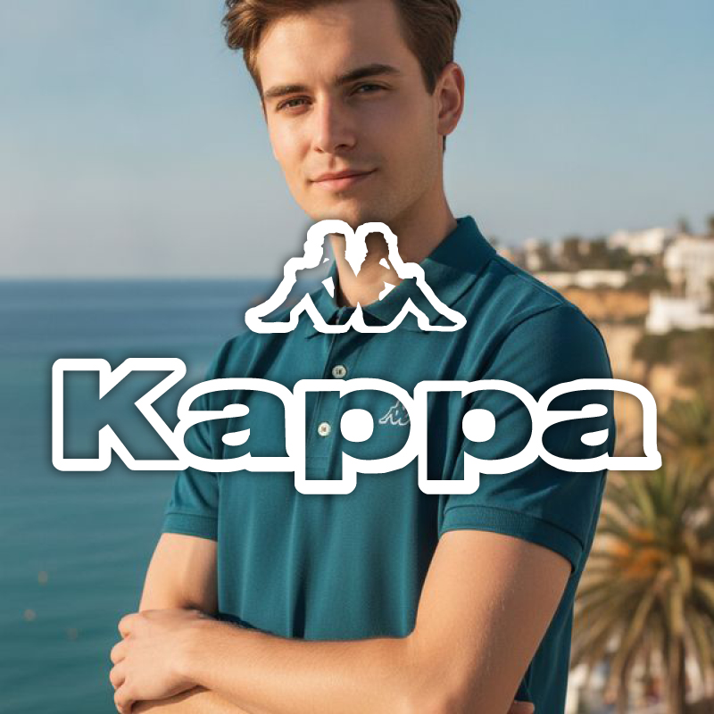 Young man modelling teal Kappa polo shirt by the coast with folded arms and a blurred seaside background, Kappa logo overlay