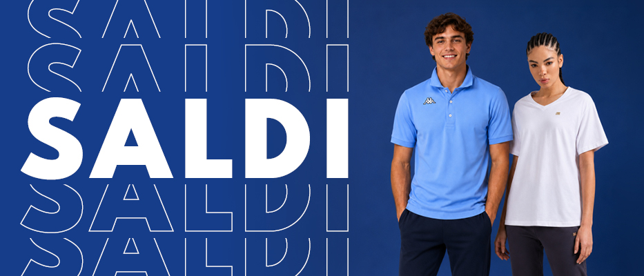 Two models wearing blue and white casual sportswear standing against a blue background with large 'SALDI' sale text