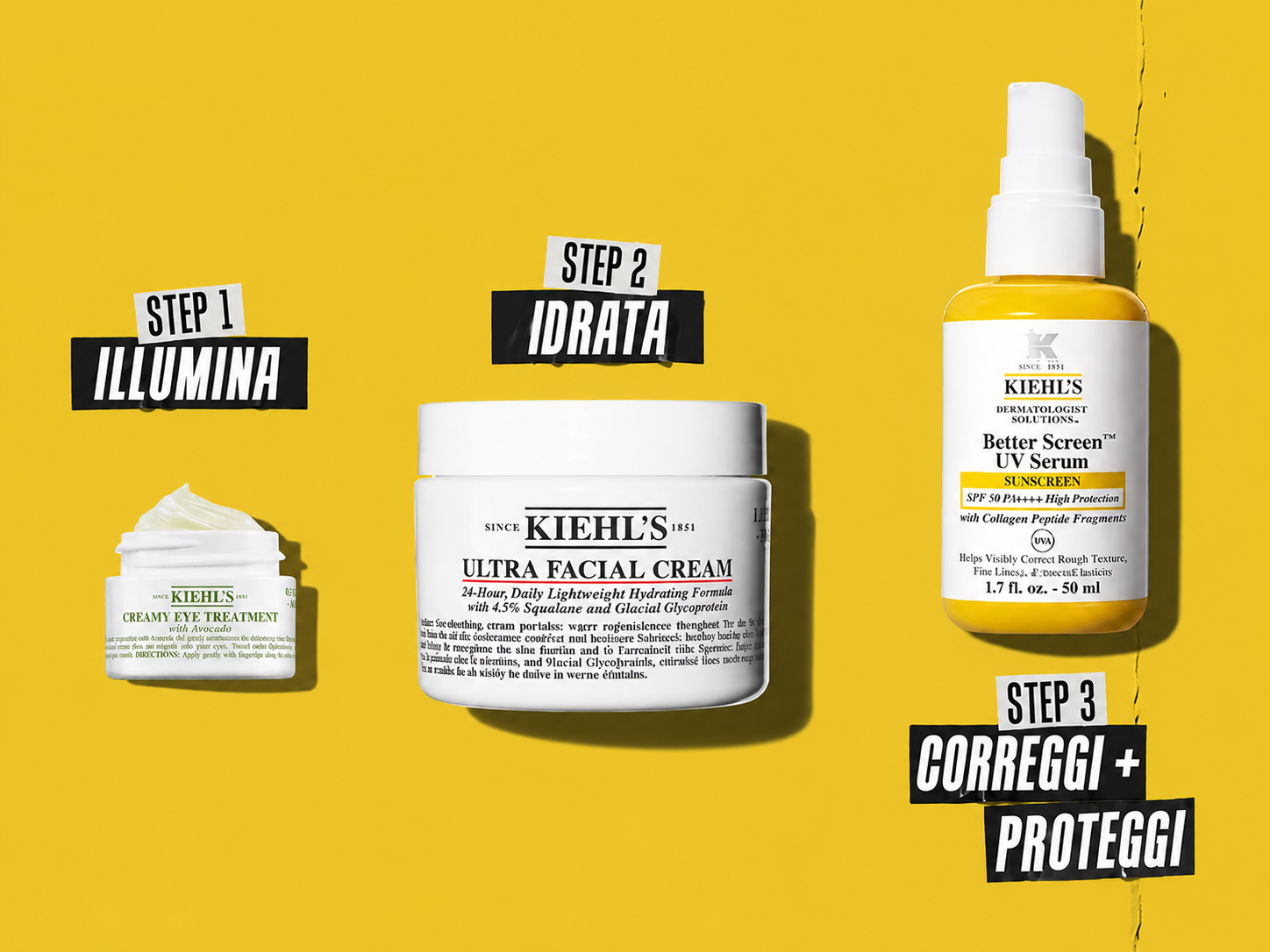 Selezione di prodotti Kiehl's su sfondo azzurro e verde brillante con la scritta "UN REGALO TI ASPETTA".