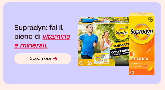“Prodotti Supradyn Ricarica e Formato Convenienza su sfondo lilla. Testo: ‘Supradyn: fai il pieno di vitamine e minerali’ con pulsante ‘Scopri ora’.” “Prodotti Supradyn Ricarica e Formato Convenienza su sfondo lilla. Testo: ‘Supradyn: fai il pieno di vitamine e minerali’ con pulsante ‘Scopri ora’.”