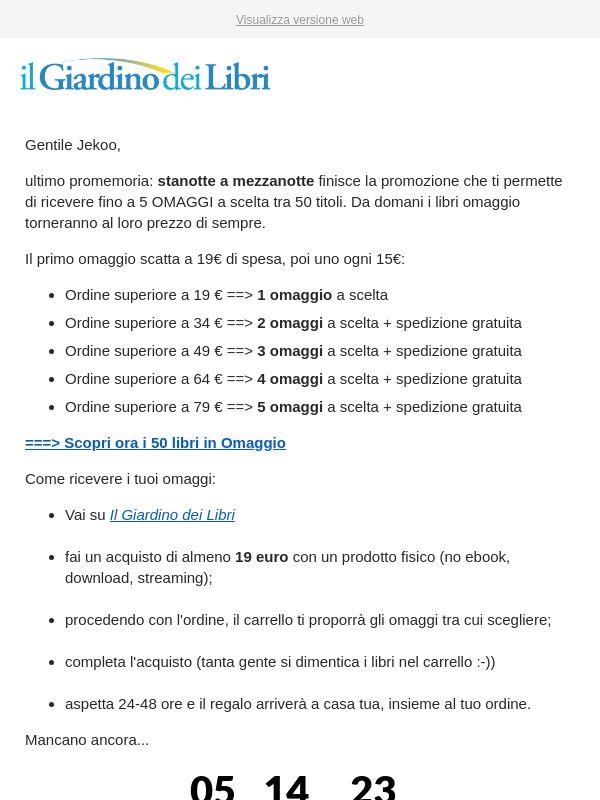 ⏳ PROMEMORIA FINALE: fino a 5 libri GRATIS - Scade a mezzanotte