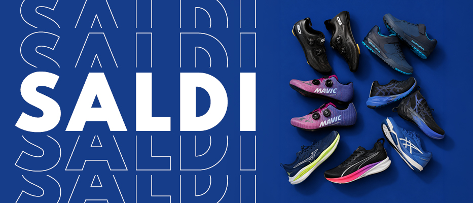 Collection of colourful running and cycling shoes on blue background beside large 'SALDI' sale text