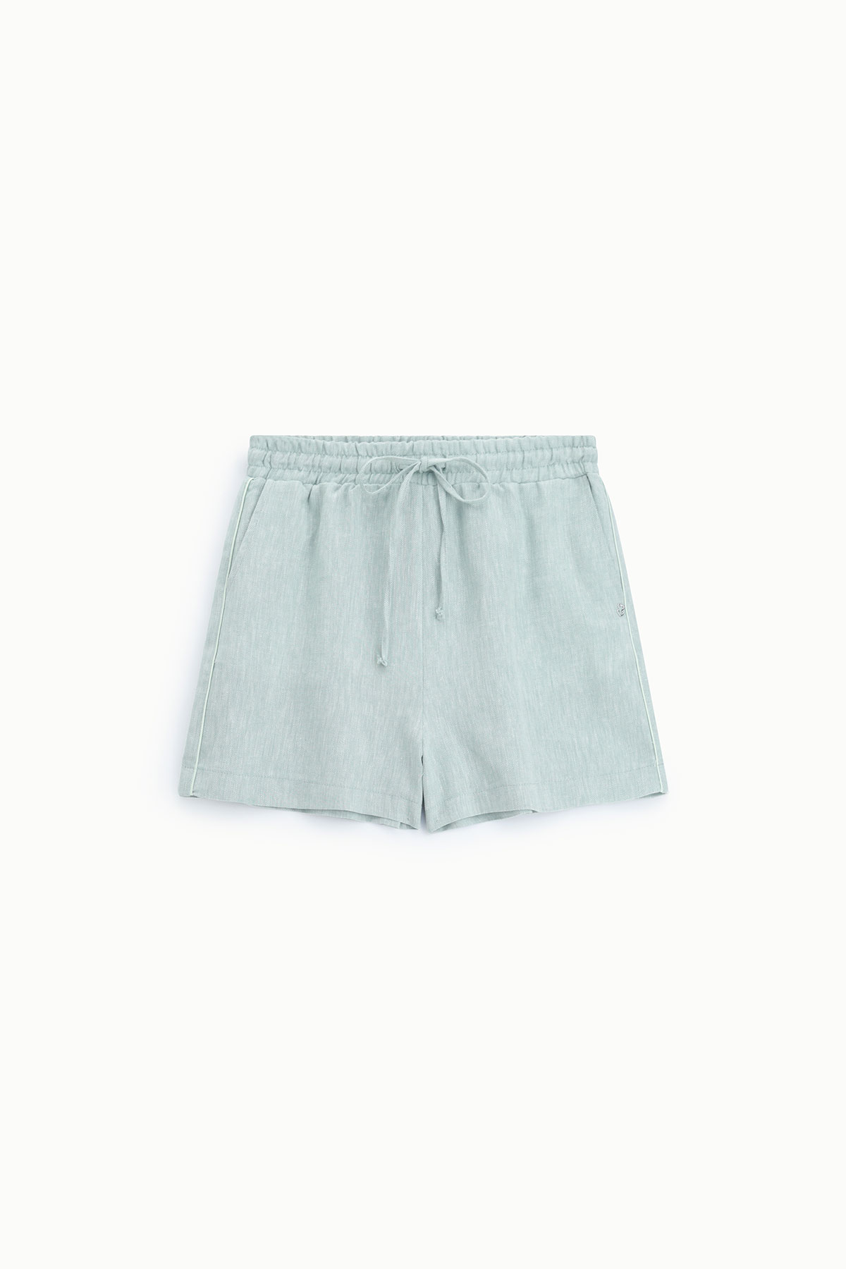 Light sage green linen drawstring shorts for women on white background — elasticated waist, relaxed fit