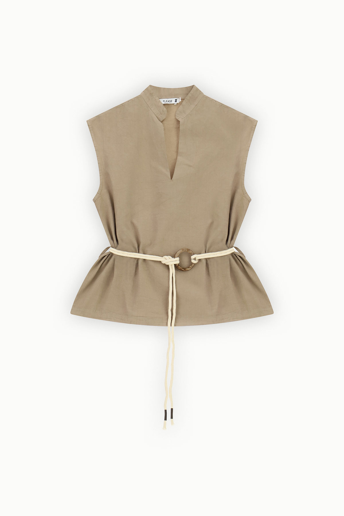 Sleeveless beige linen-effect top with V-notch collar and cream rope belt with wooden ring