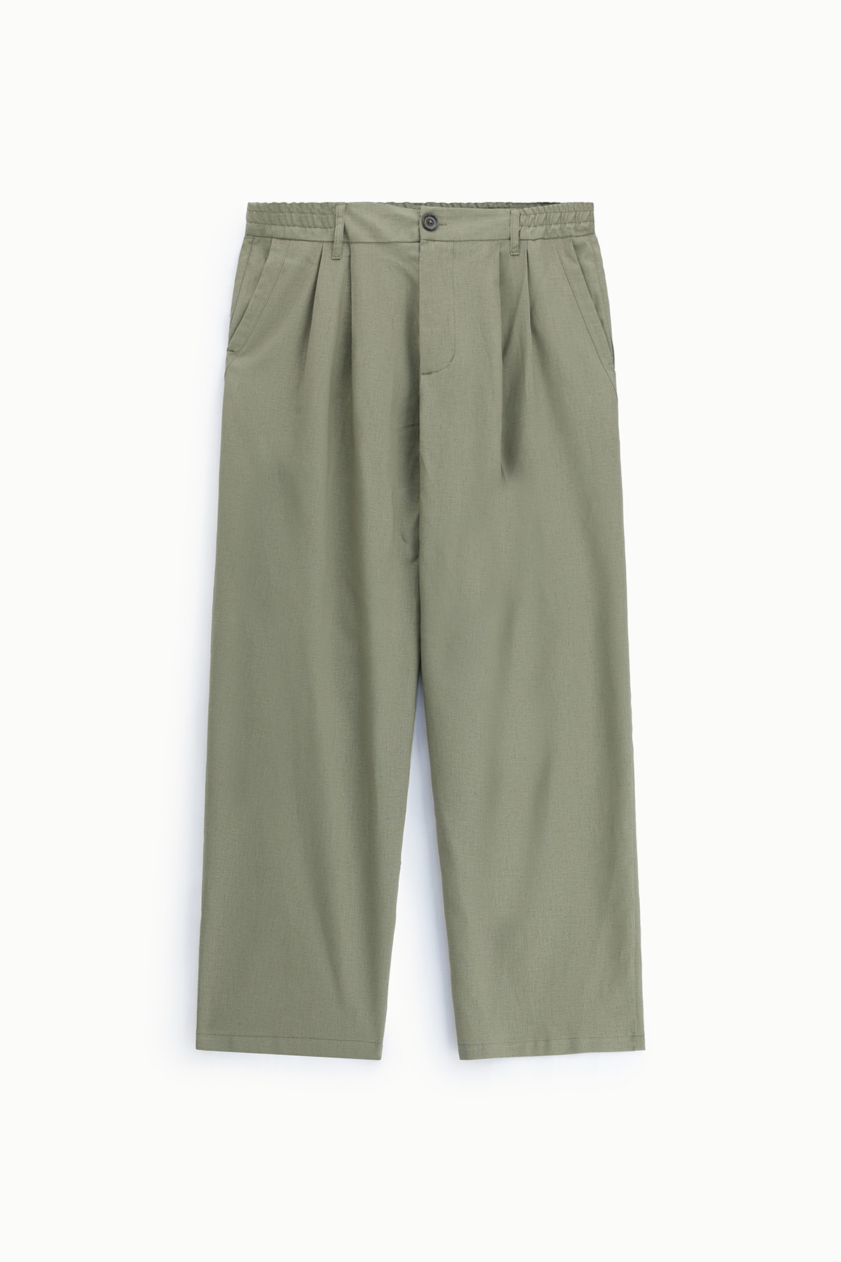 Olive green pleated wide-leg cropped trousers with side pockets, buttoned waistband and belt loops on white background
