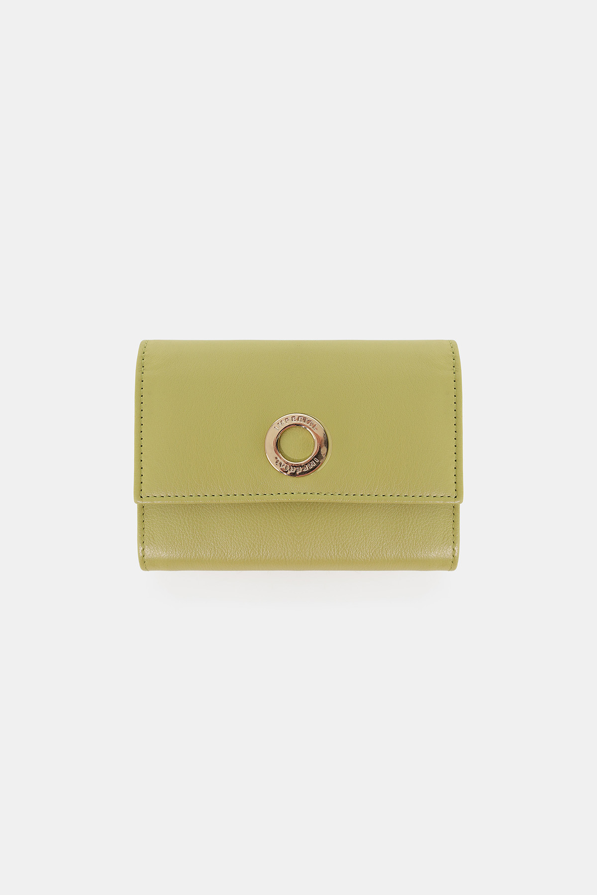 Apple-green compact leather wallet with gold circular clasp, trifold design centred on white background
