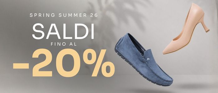 Spring Summer '26 sale banner: SALDI up to -20% with blue men's loafer and nude women's high heel on gray background