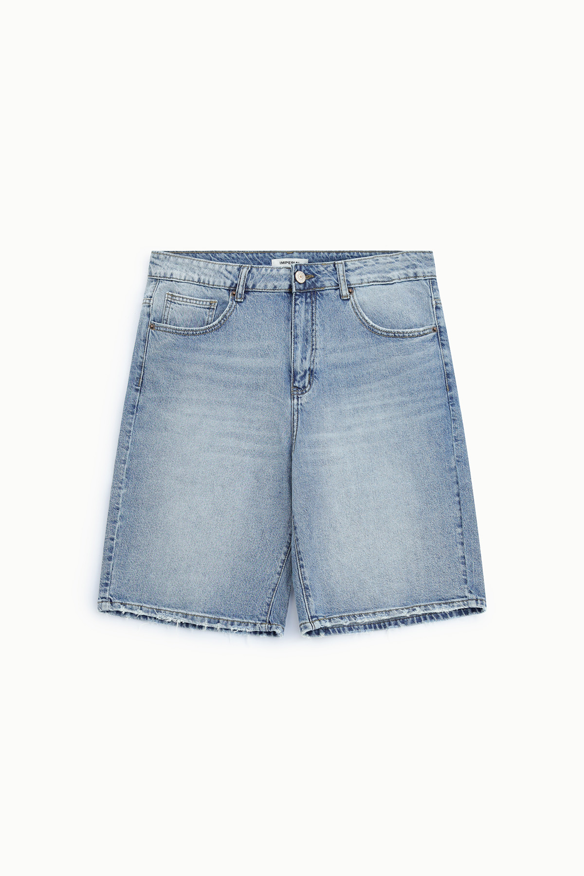 Light blue women's denim Bermuda shorts with five pockets, high waist and frayed raw hem