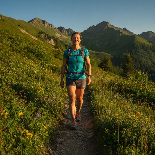 Smiling woman hiking on a mountain trail through wildflower meadow at golden hour with backpack and trail shoes
