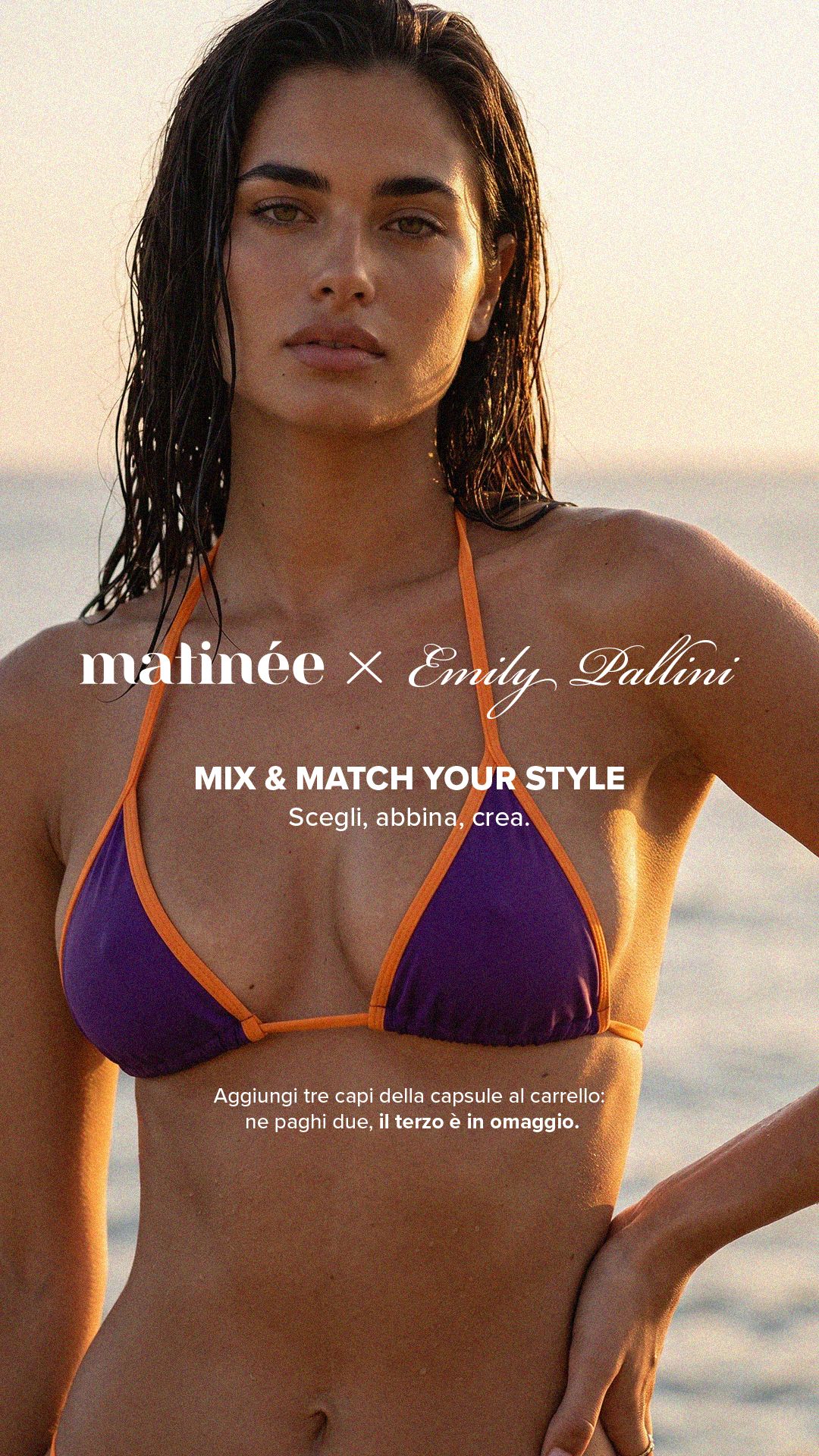 Model in a purple-and-orange bikini top at the beach with wet hair and promotional overlay text 'matinée x Emily Pallini'.
