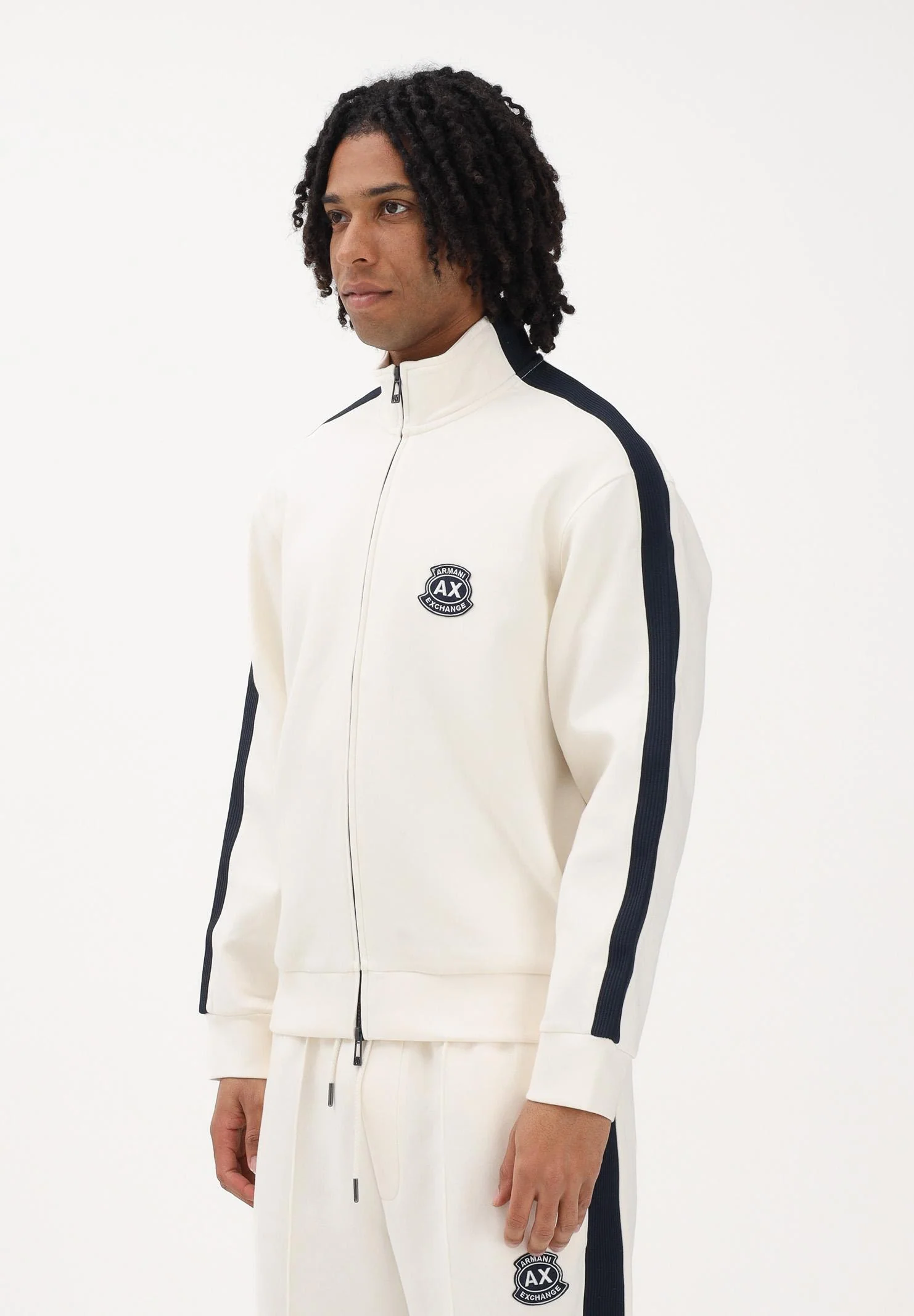 Image of ARMANI EXCHANGE Felpa con zip panna da uomo rifinita da logo e bande a contrasto