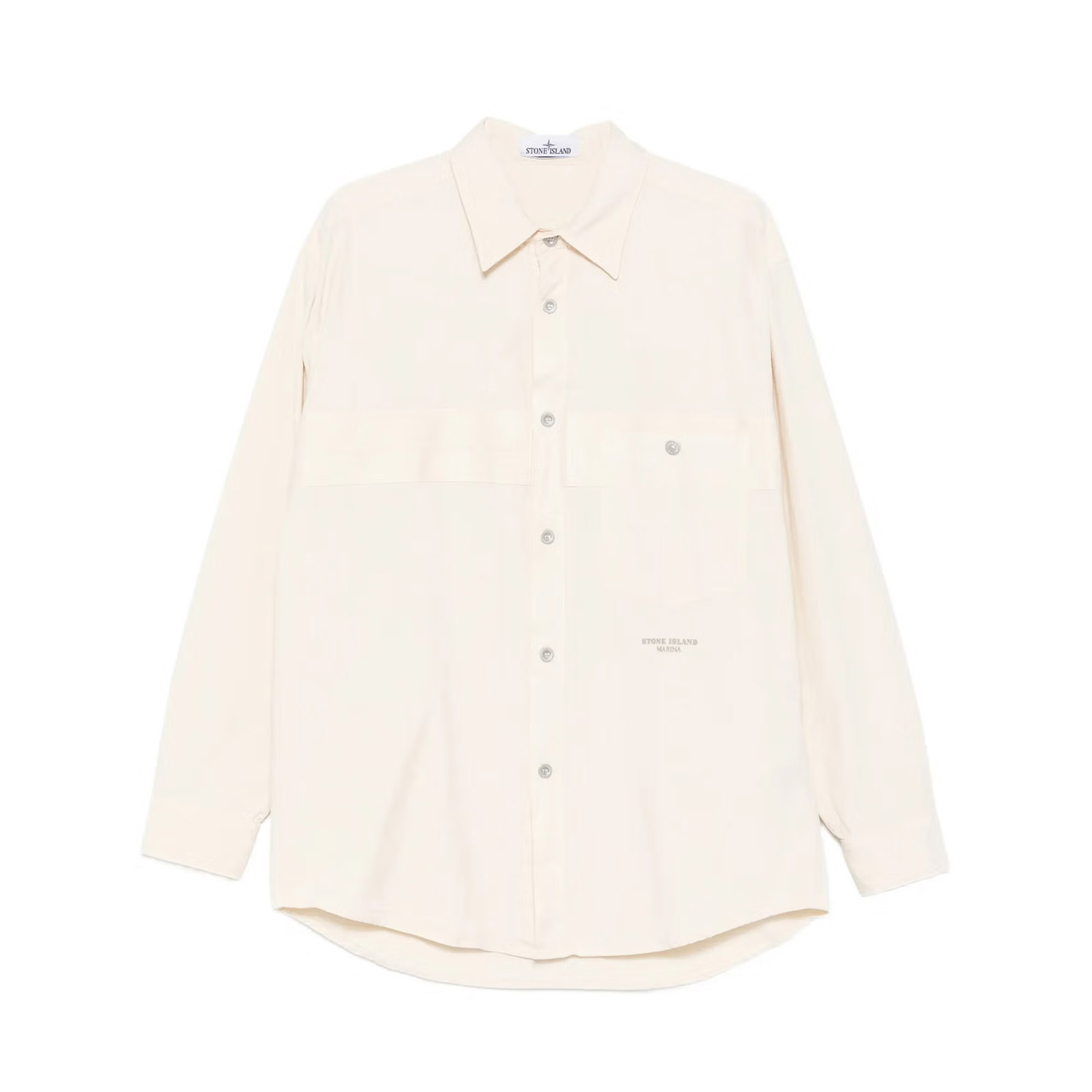 Stone Island cream long-sleeve button-up shirt with chest pocket, relaxed curved hem, classic collar, men's casual shirt
