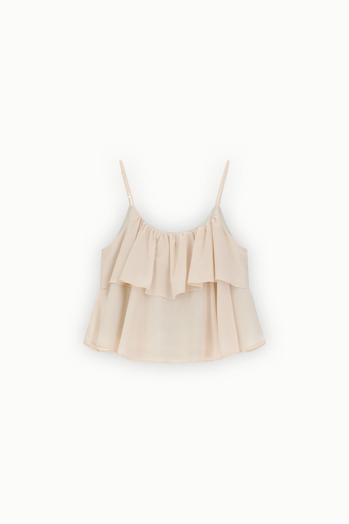 Beige layered chiffon camisole top with ruffle tiers and adjustable spaghetti straps on white background