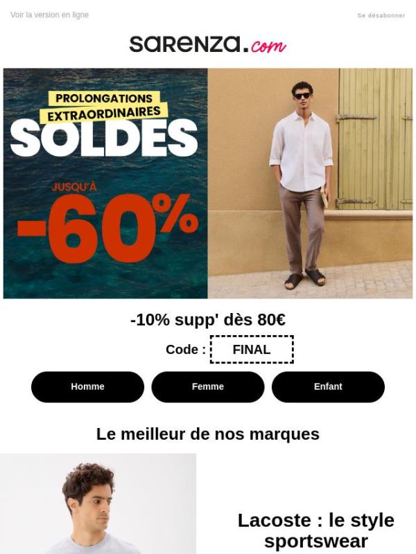 SOLDES : Lacoste, Clarks… -10% supp’ dès 80€ 🔥
