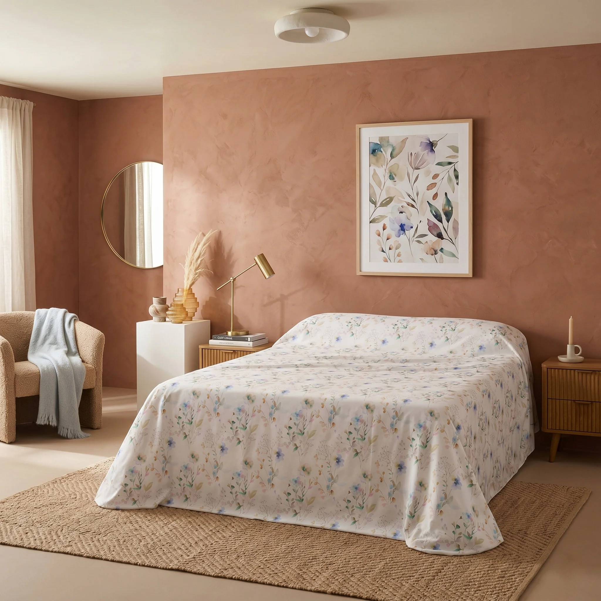 Image of Telo Copritutto in Percalle di <BR>Cotone Fantasia Floreale - <B>Ninfea