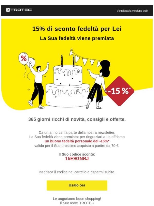 🥇 15% di sconto fedeltà per Lei