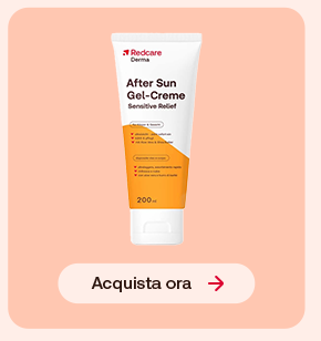 “Confezione Redcare Derma After Sun Gel-Crème Sensitive Relief su sfondo rosa con pulsante ‘Acquista ora’.” “Confezione Redcare Derma After Sun Gel-Crème Sensitive Relief su sfondo rosa con pulsante ‘Acquista ora’.”