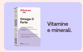 “Confezione Redcare Vita Omega-3 Forte su sfondo lilla. Testo: ‘Vitamine e minerali’.” “Confezione Redcare Vita Omega-3 Forte su sfondo lilla. Testo: ‘Vitamine e minerali’.”