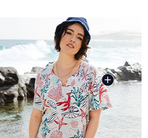 Blusa a punto smock, stampa marittima, scollo a tunica, mezze maniche