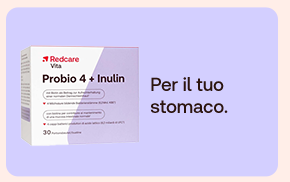 “Confezione Redcare Vita Probio 4 + Inulin su sfondo lilla. Testo: ‘Per il tuo stomaco’.” “Confezione Redcare Vita Probio 4 + Inulin su sfondo lilla. Testo: ‘Per il tuo stomaco’.”