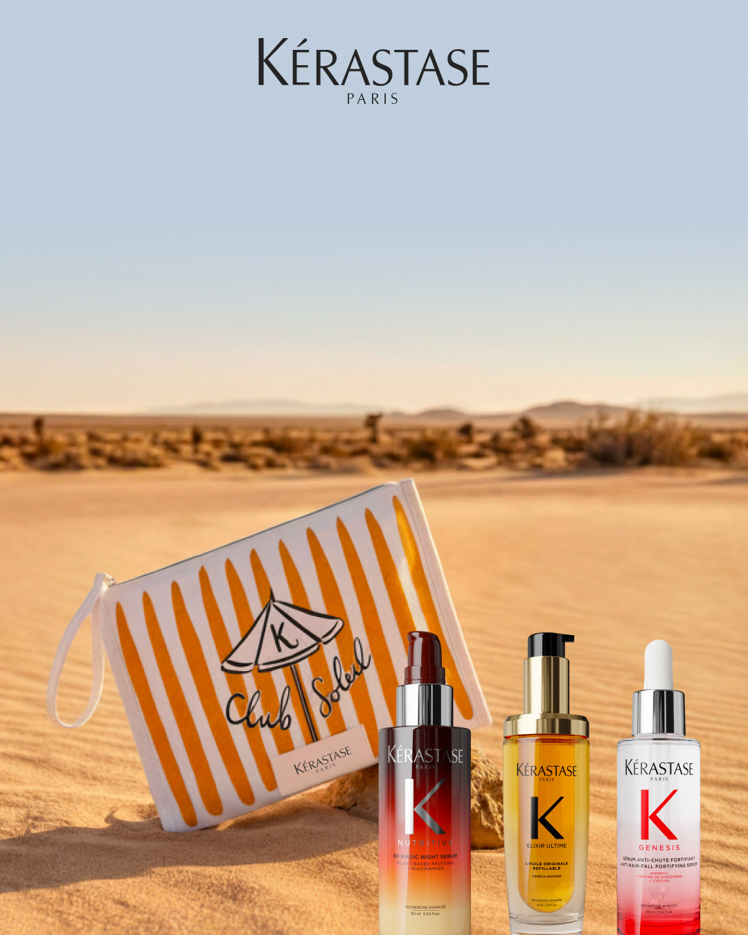 La trousse mare K&eacute;rastase arancione, immortalata su una spiaggia insieme ai nostri tre best-seller: il Siero Notte Nutritive 8h, l'Huile Elixir Ultime e il Siero Genesis.