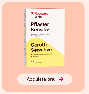 “Confezione Redcare Junior Cerotti Sensitive su sfondo rosa con pulsante ‘Acquista ora’.” “Confezione Redcare Junior Cerotti Sensitive su sfondo rosa con pulsante ‘Acquista ora’.”