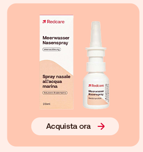 “Confezione e flacone Redcare Spray Nasale all’Acqua Marina su sfondo rosa con pulsante ‘Acquista ora’.” “Confezione e flacone Redcare Spray Nasale all’Acqua Marina su sfondo rosa con pulsante ‘Acquista ora’.”